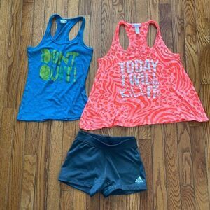 Bundle of women’s small workout exercise attire 2 Tank tops and 1 pair of short